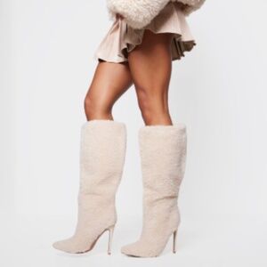 CREAM BORG POINT TOE HIGH STILETTO KNEE HIGH BOOTS
